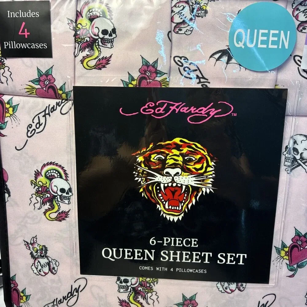 ED HARDY Queen Pink Sheet Set 6pc New Flowers Skull Roses Heart Grunge Y2K